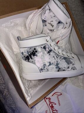 Christian Louboutin White Silver Metallic Camo High Top Sneakers